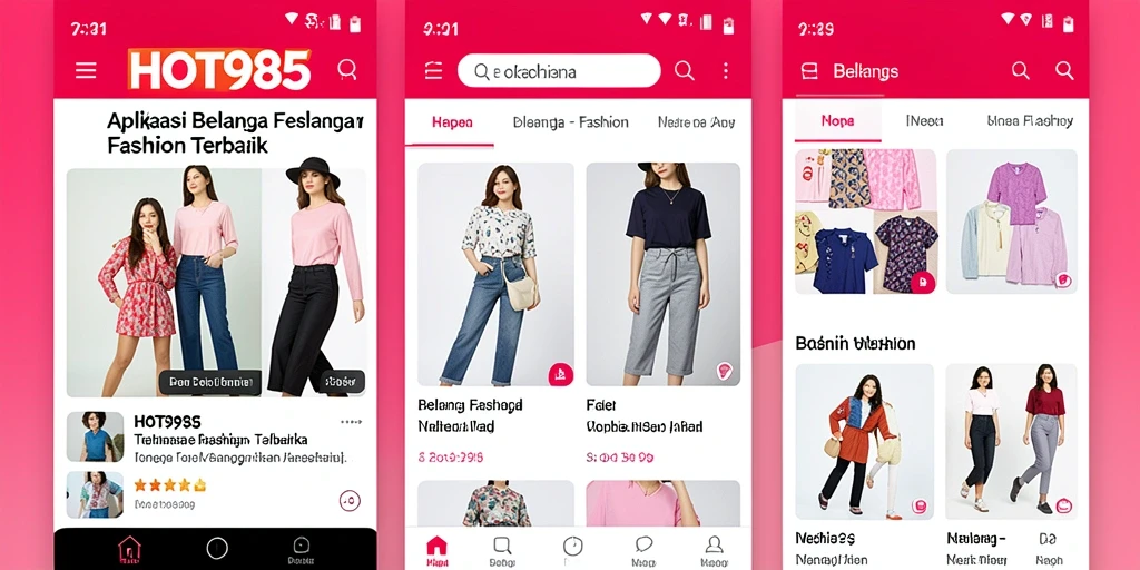 Screenshot utama HOT985 menampilkan antarmuka aplikasi belanja fashion yang menarik dan user-friendly.