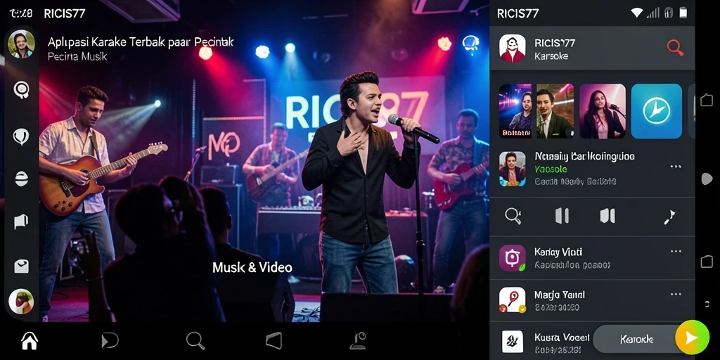 Antarmuka RICIS77 saat pengguna bernyanyi karaoke dengan layar lirik jelas.